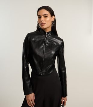 Jaqueta Corsetada em PU com Zíper e Barra Arredondada Preto