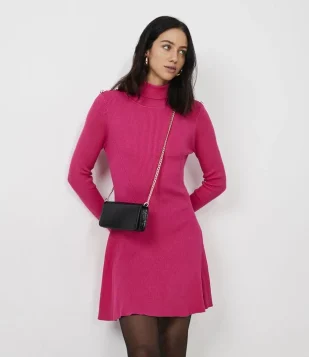 Vestido Em Viscose Com Gola Alta E Botões Nos Ombros Rosa Fuchsia