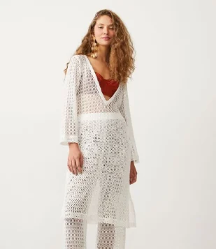 SAÍDA DE PRAIA BATA EM ALGODÃO COM RECORTES VAZADOS E FENDAS BRANCO