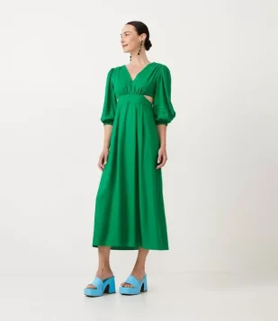 VESTIDO EM LINHO COM MANGA BUFANTE E RECORTES VAZADOS NA CINTURA VERDE