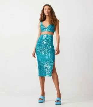 SAIA MIDI EM PAETÊ COM FENDA AZUL