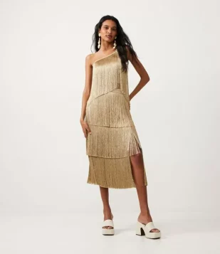 SAIA MIDI EM LINHO COM FRANJAS EM CAMADAS DOURADO