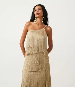 BLUSA CROPPED EM LINHO COM FRANJAS E OMBRO SÓ DOURADO