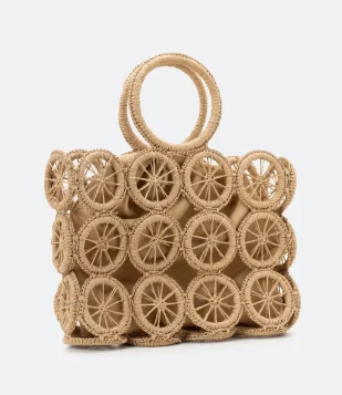 BOLSA DE PRAIA QUADRADA COM ALÇA DE MÃO E ARGOLAS BEGE