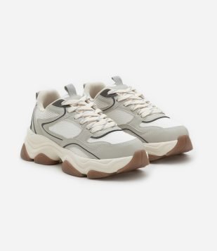 Tênis Chunky em PU com Detalhes Ondulados Cinza/ Off White