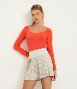 Body em Microfibra com Manga Longa e Decote Redondo Tangerine Tango