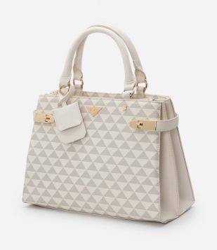 Bolsa Satchel em PU com Estampa de Triângulos e Pendente Off White