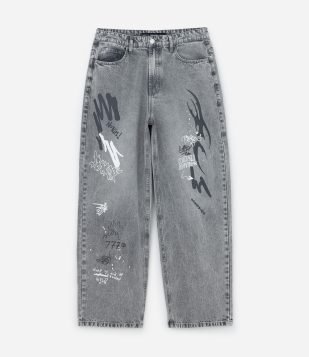 Calça Super Baggy em Jeans com Estampa Grafite Cinza