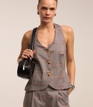 Colete Alfaiatado Frente Única com Estampa Xadrez Marrom/ Preto/ Azul