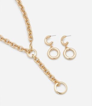 Conjunto 01 Colar Gravata Corrente e 02 Brincos Argola Dourado