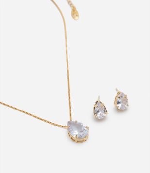 Conjunto Colar e Brinco com Zircônia Gota Dourado