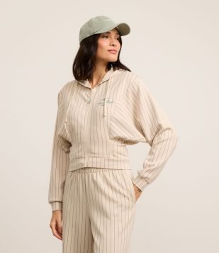 Jaqueta Esportiva Oversized com Estampa Bordada e Listras Bege