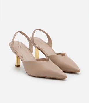 Sapato Scarpin em PU com Salto Cromado Bege