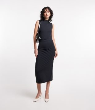 Vestido Tubinho Midi em Poliamida com Detalhes Drapeados Preto