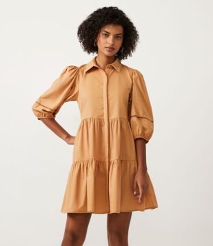 Vestido em Tricoline com Manga Bufante Marrom