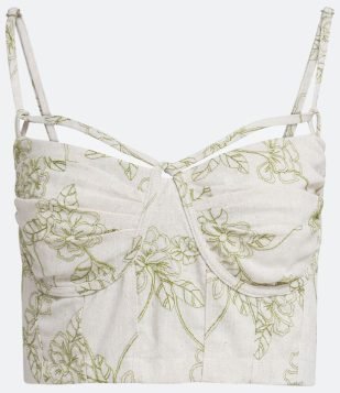 Blusa Regata Cropped Croset em Viscolinho com Bordado de Flores Bege