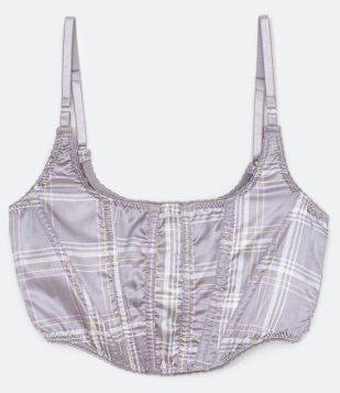 Blusa Cropped Tipo Corset em Cetim Xadrez Cinza