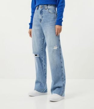 Calça Anos 90 Jeans com Cintura Alta e Puídos Azul