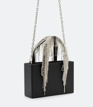 Bolsa Transversal Boxy com Strass na Alça de Mão Preto