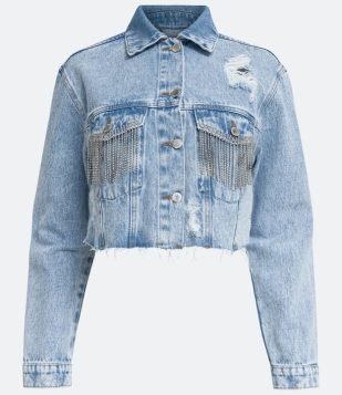 Jaqueta Cropped em Jeans com Franjas Strass e Bara a Fio Azul