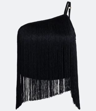 Blusa Cropped em Crepe com Ombro Só e Franjas Preto