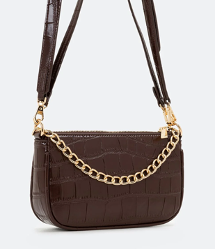 Bolsa Baguete Com Alça De Corrente E Textura Croco Marrom