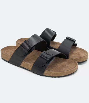 Sandália Slide Em Couro Com Tiras E Fivela Preto