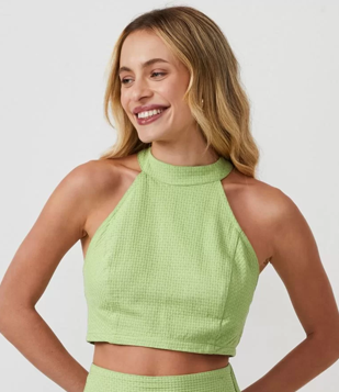 Blusa Cropped Frente Única Em Algodão Texturizado Com Lastex Verde