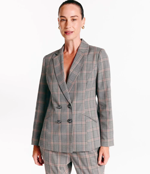 Blazer Transpassado com Botões e Estampa Xadrez Cinza