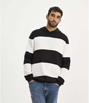 Blusão Comfort Fechado Em Algodão Listrado Com Capuz Preto/ Branco