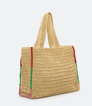 BOLSA DE PRAIA MÉDIA EM CROCHÊ COM LATERAL BORDADA BEGE