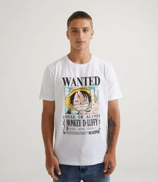 CAMISETA MANGA CURTA EM ALGODÃO ESTAMPA LUFFY ONE PIECE BRANCO