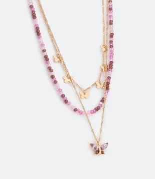COLAR CAMADAS EM CRISTAL COM PINGENTE DE BORBOLETA MULTICORES