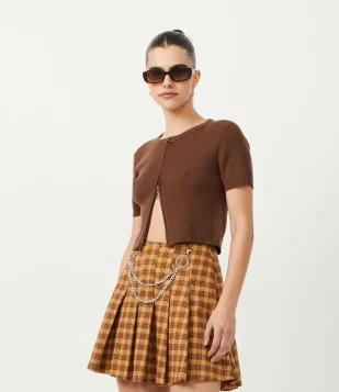 BLUSA EM TRICÔ COM ZÍPER DUPLO FRONTAL MARROM