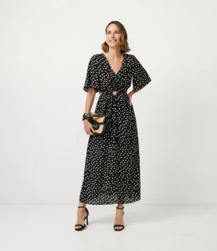 VESTIDO NEW MIDI EM CREPE COM MANGA BORBOLETA E ESTAMPA POÁ PRETO