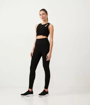CALÇA LEGGING ESPORTIVA EM POLIAMIDA CANELADA COM CÓS ALTO E RECORTES PRETO