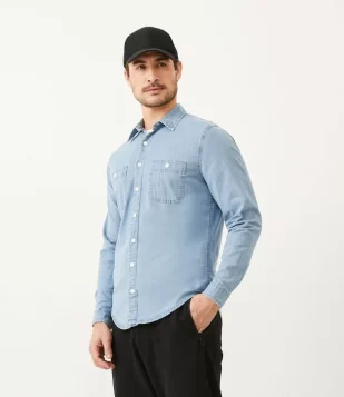 CAMISA SLIM MANGA LONGA EM ALGODÃO COM BOLSOS DELAVE AZUL