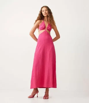 VESTIDO EVASÊ EM VISCOSE TEXTURIZADA COM AMARRAÇÃO E COSTAS ABERTAS ROSA