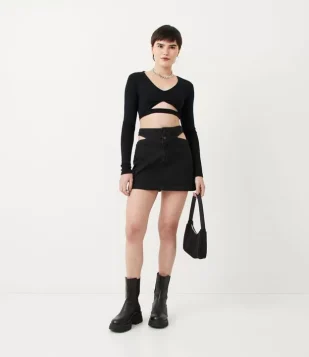 SAIA CURTA EM JEANS COM CÓS ASA DELTA PRETO