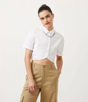 CAMISA CROPPED EM ALGODÃO COM ELÁSTICO NAS COSTAS BRANCO