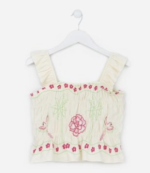 Blusa Cropped Infantil com Franzidos e Estampa de Araras e Flores - Tam 5 a 14 Anos Bege