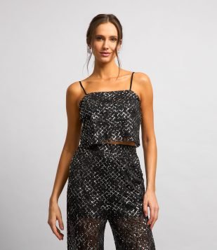 Blusa Cropped em Paetê Metalizado e Efeito Geométrico Preto