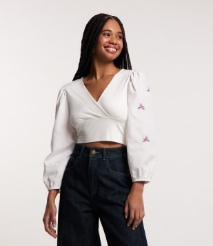 Blusa Cropped em Viscose com Bordado de Araras Branco