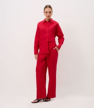 Calça Reta em Tricoline com Cós Alfaiatado Vermelho
