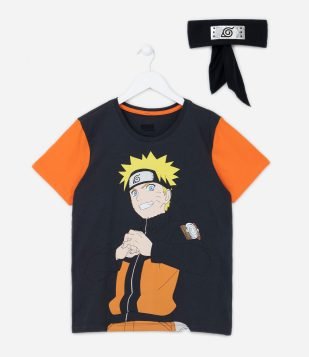 Camiseta Infantil com Estampa do Naruto e Bandana - Tam 5 a 14 Anos Cinza Escuro