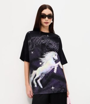 Camiseta em Algodão com Estampa de Unicórnio com Strass Preto