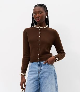 Cardigan em Tricô com Botões e Detalhe em Renda Marrom