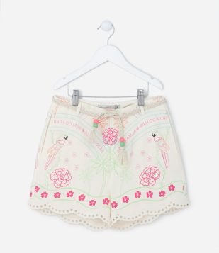 Short Infantil com Cinto e Estampa de Araras e Flores - Tam 5 a 14 Anos Off White
