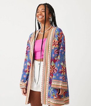 Kimono Alongado em Linho com Estampa Étnica Floral Azul 