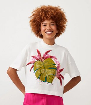 Blusa Em Algodão Com Manga Curta E Estampa Luar No Pantanal Branco